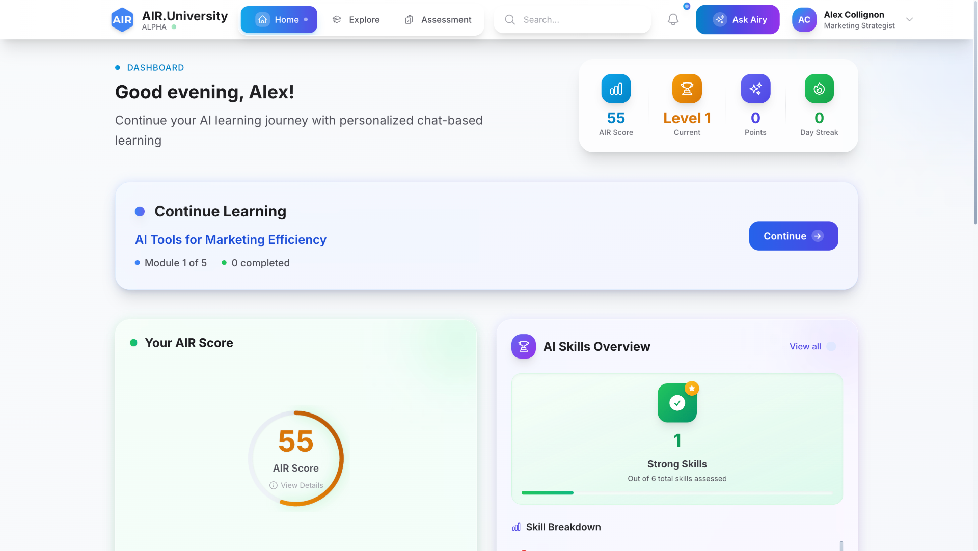 Individual AI Readiness Dashboard showing personalized AIR score, learning modules, and skill tracking