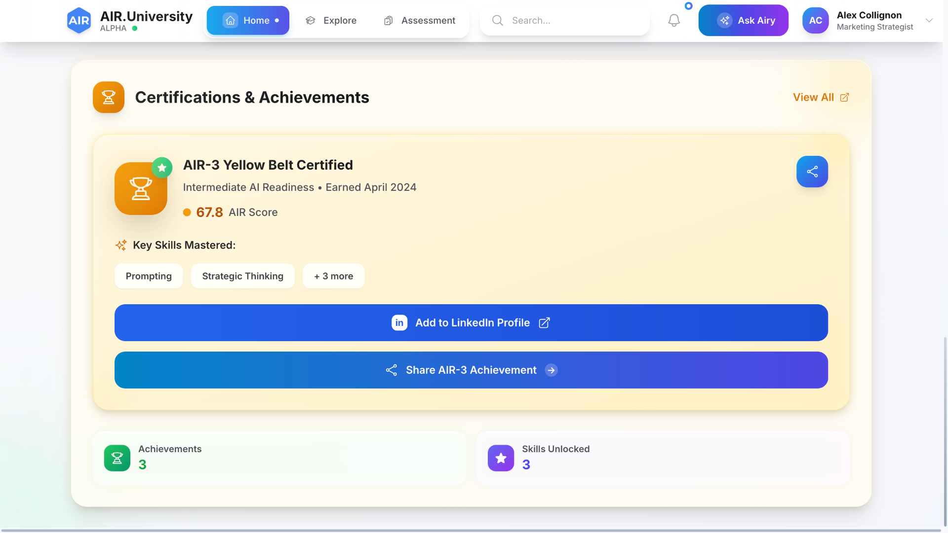 AI Readiness Belt Certification page showing achievements and professional credentials